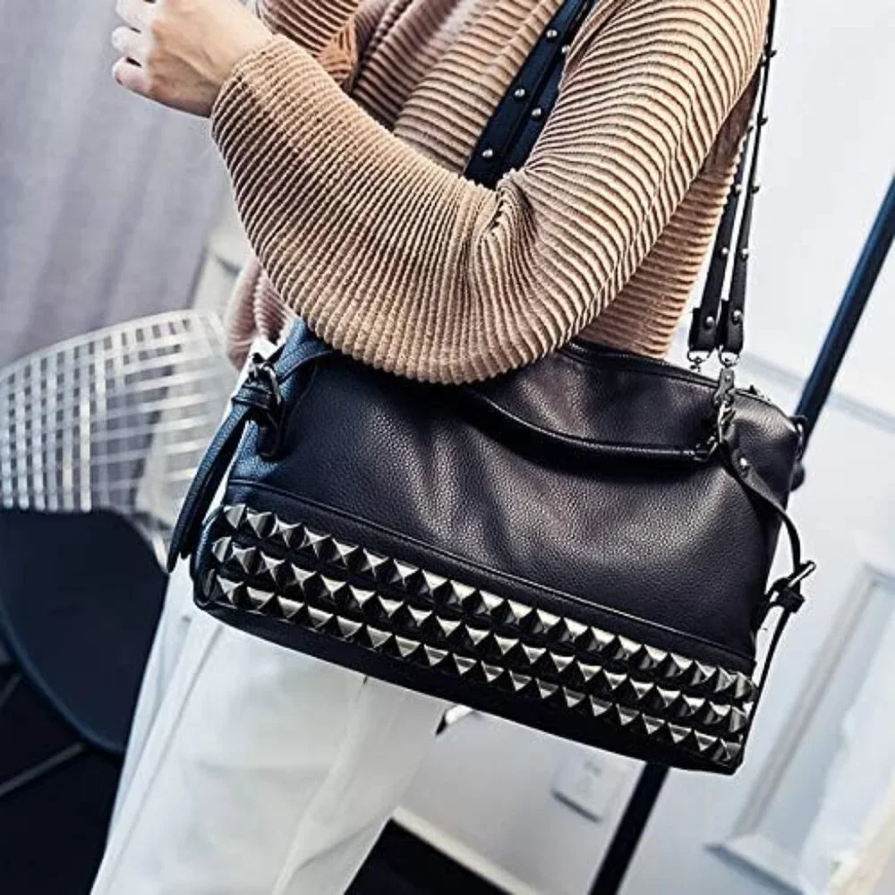 Punk Rivet Hobo Handbag for Women Large Crossbody Faux Leather Black Stylish Ret - Picture 2 of 6
